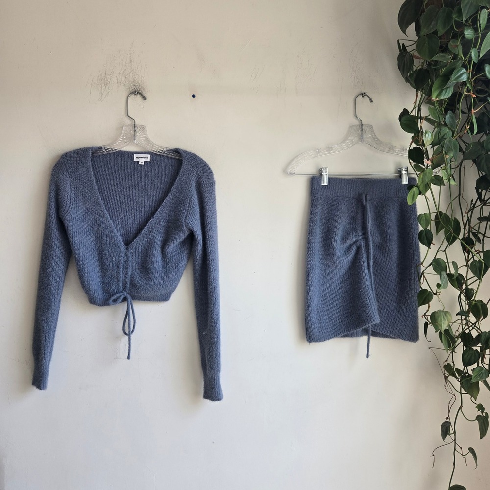 superdown XS Skirt Set Blue Excellent Ruched Eyelash Knit 2-Piece Cardigan